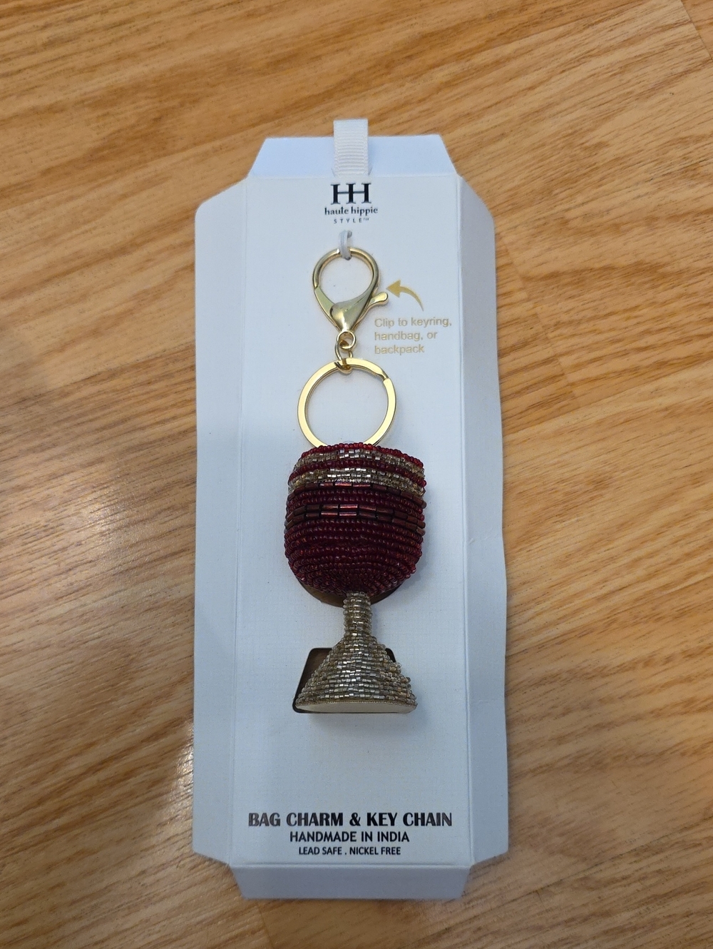 Haute Hippie Burgundy & Gold Beaded Wine Glass Key Charm